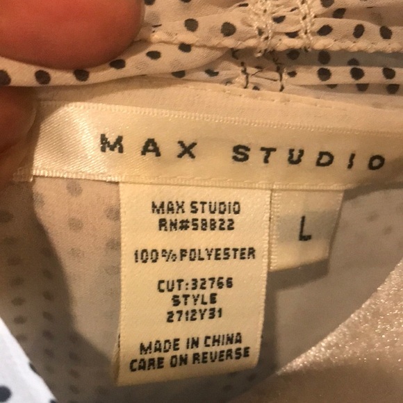 Max Studio Cream with Black Dots Tie Neckline Blouse Elastic Waist-Size L - Picture 5 of 9
